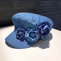 Ladies Denim Beret Hat with Blue Rose Embellishments - Perfect for Valentine's Day or Any Special Occasion - Adjustable Size one size
