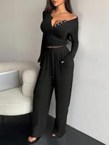 Women Sexy Button Pullover Long Pants Outfit V-neck Long Sleeve Shirts Loose High Waist Wide Leg Pant Two Piece Sets S juoda