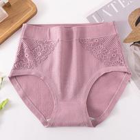 Women's High Waist Cotton Underwear Soft Brief Panties Full Coverage Women's Double-sided Lace Jacquard Underwear Underpants Briefs XL violetinė