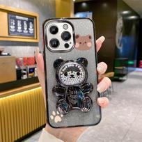 15Pro 14Pro Blizganti Blizganti Meškiuko Laikiklis Dėklas iPhone 15 14 13 12 11 Xs Pro Max Mini X XR Apple 6 6s 7 8 Plus Stovas Dangtelis For 6 Plus 6s Plus&Case & Holder sidabras