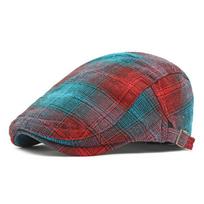 Spring Autumn Color Plaid Beret Women's British Vintage Cap Cotton Men's Forward Cap Peaked Cap mėlyna/raudona
