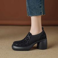 Krazing Pot Genuine Leather Summer Spring Autumn Thick High Heels Women Round Toe Leopard Patterns Pumps 35 juoda