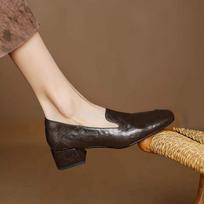 Krazing Pot Sheepskin Fashion Spring Autumn Thick med Heels Women square Toe Retro Fashion Pumps 35 ruda