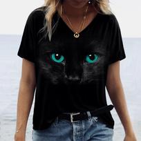 Summer V-neck 3D Kitten Cat Pattern Printed Top Fashionable Casual Short Sleeved Women's T-shirts M