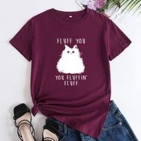 Summer Round Neck Cat Letter Printed Top Fashionable Casual Short Sleeved Women's Pure Cotton T-shirts S