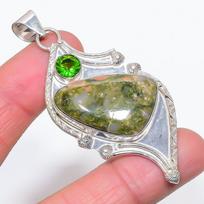 Unakite, Peridot Handmade 925 Sterling Silver Jewelry Pendant 2.84  m8g18 gray