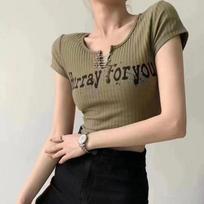 Unique and Chic American Retro Hong Kong Style Chic Sweet and Spicy Girl Sexy Short Top with Exposed Navel Short Sleeved T-shirt Women's Summer S