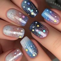 24Pcs Medium Square Press on Nail Space Themed Designs Moon Star Pattern Acrylic Glossy Full Cover False Nail for Women gray