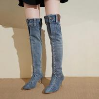 Thigh High Boots 2024 Vintage Denim Boots for Women with Slim Heels Pointed Toe Long Boots Womens Shoes  Jean Shoes for Women 39 gray