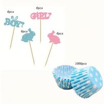 24Pcs Blue Pink Bunny Baby Gender Reveal Cupcake Toppers Easter Theme Party Decor with 1000pcs Cake Cup Insert Cards mėlyna