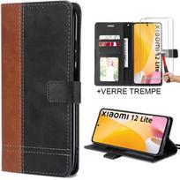 Coque à Rabat pour Xiaomi 12 Lite - Coque Synthécuir Elegant Noir-Marron + 2 Verres Trempés