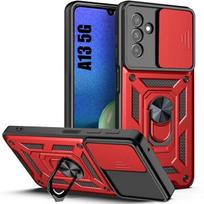 Case for Samsung Galaxy A13 5G Rigid Shockproof with Ring Stand and Sliding Lens Protection - Red raudona