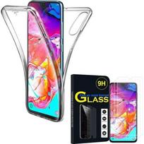 360° Silicone Case - TRANSPARENT - For Samsung Galaxy A70 - Full Protection - 2 Tempered Glass Films skaidri