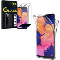 360° Silicone Case - TRANSPARENT - Samsung Galaxy A10 - Full protection - 3 Tempered glass films - Black skaidri