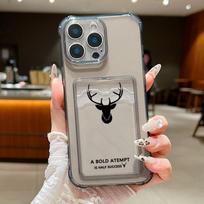 For iPhone 16E 16 Pro Max 15 Pro 14 13 12 11 Cover Shell Simple Deer Pattern Clear Card Pocket Slot Slim Shockproof Soft Silicone Phone Case iPhone 16E pilka/juoda