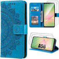 Case for Samsung Galaxy A56 5G - BOOLING - Shockproof PU Leather Blue Geometric Floral Pattern - 2 Tempered Glass mėlyna