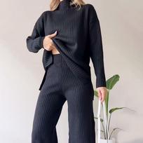 GMXIA Two-piece Set of Women's Fashionable Casual Straight-leg Pants with A Loose and Elegant High-neck Tapered Knitted Suit S juoda