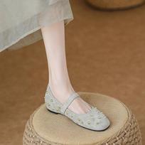 Rivet red Mary Jane shoes square head shallow mouth single shoe inner height increase with skirt Doudou 35 pilka spalva