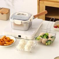 Camping Deep Fryer with Handle, Square Pot for Frying Food White Lid beige