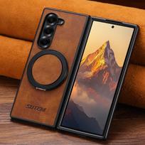 Samsung Z Fold7/6/5 magnetinis belaidžio įkrovimo dėklas su 360° besisukančiu žiediniu stovu ir odos apdaila Z Fold 6