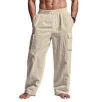 Men's Baggy Pants Linen Thin Breathable Multi-pocket Cargo Pants Loose Casual Wide Leg Straight Pants Spring Summer M chaki