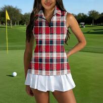 Women Sleeveless Golf Polo Shirt Zip Collar Plaid Print Athletic Tank Top for Sports and Outdoor Activities XXL raudona