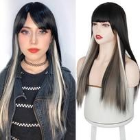 MISS WIG Lolita Wig Long Straight hair Cosplay Wig Comic bangs Two Tone Gradient gray pink Color wigs for women Synthetic Hair Wigs