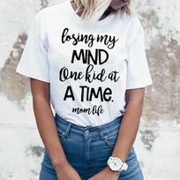 ZIMOXUAN Women Summer T-shirt  Losing My Mind One Kid At A Time Mom Life Letter Print Top Tee Short Sleeve T-Shirt  Mom Gift S balta