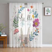 Abstraktus triušio vainikas, gėlių grybas Animacinis filmas Tiulis permatomas langas Užuolaidos svetainė Voile Organza Užuolaidos Užuolaidos W135 x H115cm x1 white