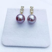 S925 sterling silver long row diamond earrings Strong light, slightly flaw, natural purple pearl ear decoration simple temperament niche earrings 9-10mm white
