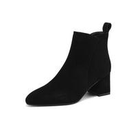 Krazing Pot Cow Suede Winter Round Toe Thick High Heels Chelsea Boots Women Big Size 43 Zipper Concise Style Ankle Boots 34 juoda