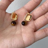 S925 Silver Needle Retro Autumn/Winter Maillard Square Caramel Geometric Tiger Eye Stone Earrings and Earrings Premium