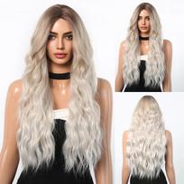 EASIHAIR Rudi Platinum Ombre sintetiniai perukai moterims Ilgi balti Natūralūs Plaukai Kūno banguoti perukai Cosplay Moteriški perukai Atsparūs karščiui gray