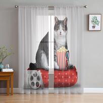 Funny Cat Popcorn Cinema Tulle Curtains Kitchen Door Curtain Chiffon Sheer Voile Christmas Curtains For Living Room 135W x 114H(cm) white