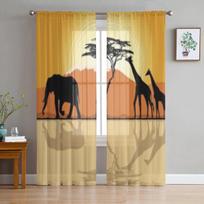 Afrikos kraštovaizdis Žirafos ir dramblys Permatomos užuolaidos miegamajam svetainei Tiulio užuolaidos virtuvės langui Voile užuolaidos 135W x 114H(cm) beige