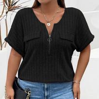 Spring and Summer Models Solid Colour Plus Size Women's Tops Zip Short-sleeved Fake Pockets Pullover T-shirt Loose 5XL juoda