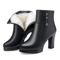 Women High Heels Winter Shoes Fur Boots Black Leather Ankle Booties Plush Warm Square Heel Shoes Fashion Ladies Boots 34 juoda