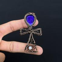 Lab-Created Blue Sapphire & Moonstone Gemstone Handmade Pure Copper Wire Wrap Jewelry Pendant 2.46 Inches mėlyna