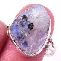 Natural Rainbow Moon Stone Gemstone Handmade 925 Sterling Silver Ring S.9 R4T52 gray
