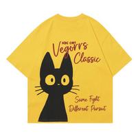 Trendy Summer New Trendy Brand High Street Element KiKiKi Cat Print Round Neck Loose Short Sleeved T-shirt for Men and Women S