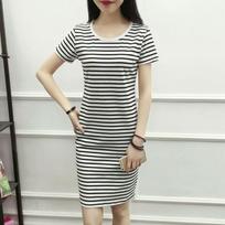 Ladies Mid-length Stripe Round Neck Slim Base Short Sleeve Loose and Casual Easy To Dry and Absorb Sweat Dress M gray