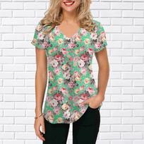 Women's V-Neck Short Sleeve Sunflower Two Tone Rose Printed Tops Loose T-Shirt Casual Blouse XS žalia