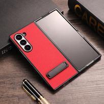 For Samsung Galaxy Z Fold 6 Case Luxury Lichee Pattern PU Leather Metal Back Kickstand Protective Folding Cover for Z Fold 6 For Galazy Z Fold 6 raudona