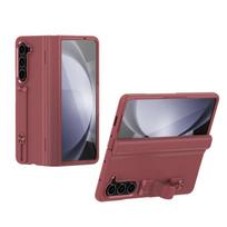 For Samsung Galaxy Z Fold 6 5 4 Case Classic Leather Hinge Finger Ring Buckle Holder Cover with Glass Film for Galaxy Z Fold 6 For Galaxy Z Fold 5 raudona