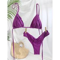 Pleated Brazilian Folds Bikini Set, Sexy Micro Bikinis, 2023 Women Swimsuit, Female Triangle Swimwear, Beach Wear Bathing Suit S violetinė
