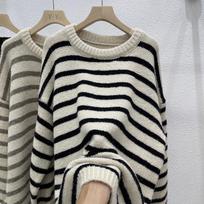 Sweater Women's Autumn/Winter New Vintage Lazy Style Knitted Shirt Striped Soft Sticky Loose Top Bottom Shirt One Size juoda