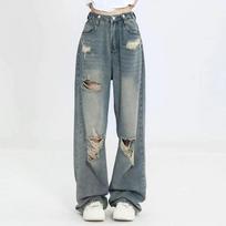 Jeans Women High Waist Straight-crotch Loose Slim Design High-street Wide-legged Dragging Pants XS gray