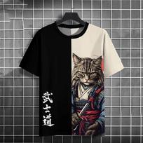 Mada Laisvalaikis Šaunus Samurajaus Katės grafikos marškinėliai Vasaros Vyriška Tendencija Juokingi Hip Hop harajuku gatvės drabužiai Laisvalaikio Spausdinti Trumpomis Rankovėmis L black
