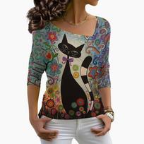 Women TShirts Slim Lightweight Pullover Ladies Clothes Fashion Long Sleeved Digital Print Street Neckline Diagonal Neck Harajuku 3XL black
