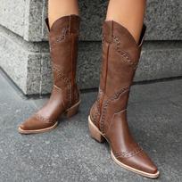 Krazing Pot PU Autumn Winter Shoes Thick High Heels Riding Boots Rivets European Style Keep Warm Mid-calf Boots 34 ruda